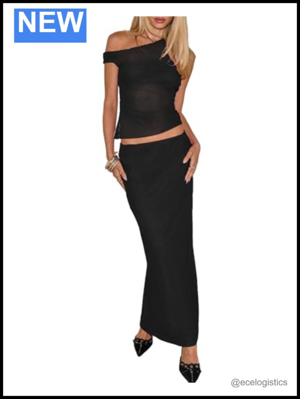 Women's Mesh 2 Piece Maxi Skirt Set One Shoulder Crop Top Bodycon Outfit